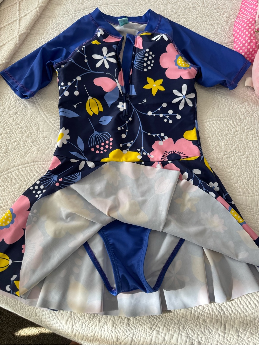 Navy Floral One-Piece Swim Dress with Skirt - Picture 2 of 2